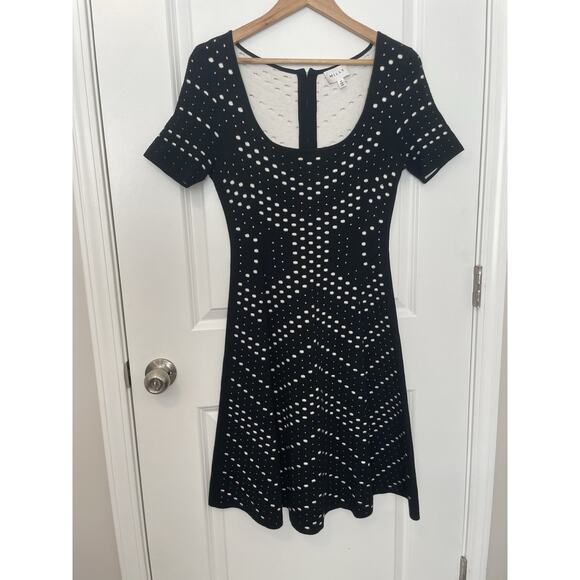 Milly Pointelle Knit Sweater Dress M Black White Fit & Flare Scoop Neck $395 - Picture 3 of 14